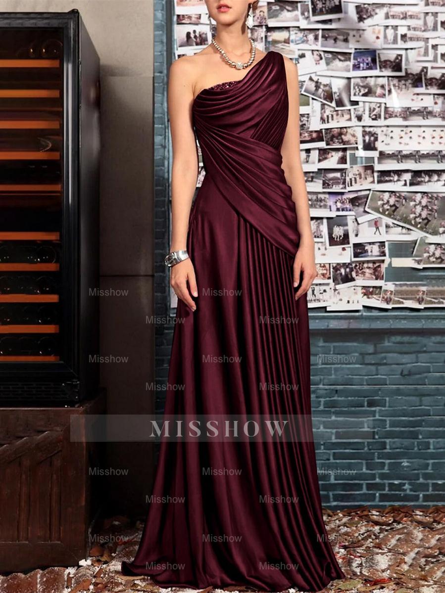 One Shoulder Sleeveless Floor Length Mother of the Bride Dress with Crystal Pleats and Draping
