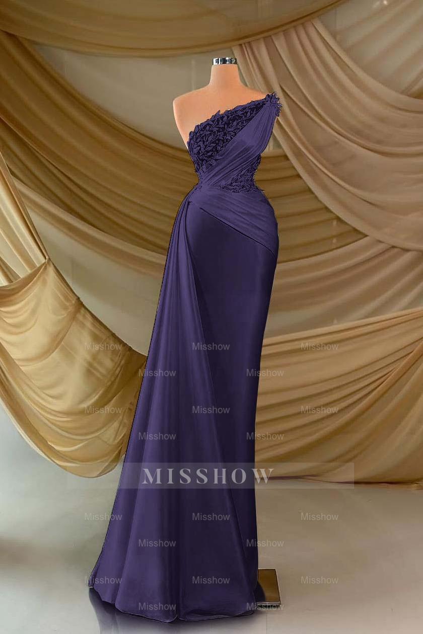 One Shoulder Sleeveless Long Formal Dress With Appliques Ruffles
