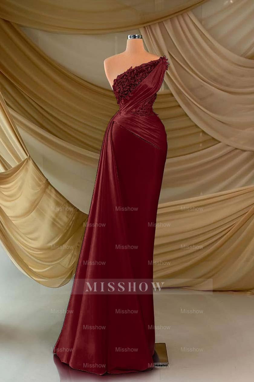 One Shoulder Sleeveless Long Formal Dress With Appliques Ruffles