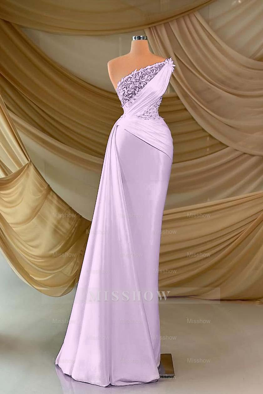 One Shoulder Sleeveless Long Formal Dress With Appliques Ruffles