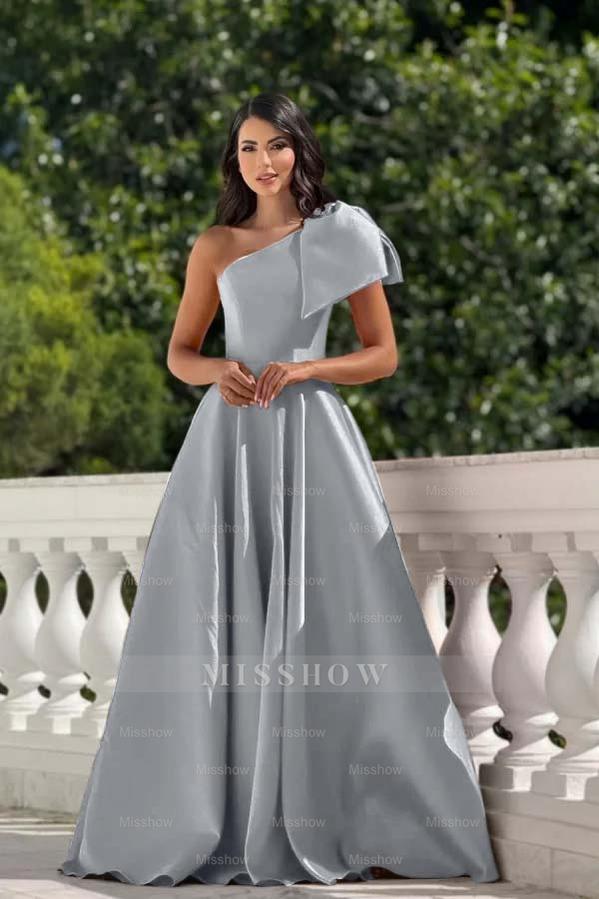 One Shoulder Sleeveless Long Formal Dress With Pleated Bowknot
