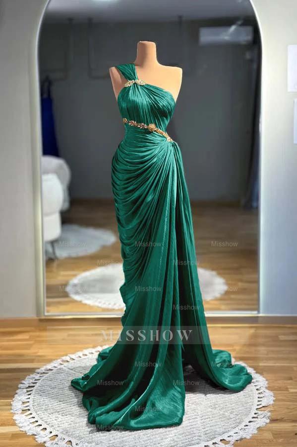 One Shoulder Sleeveless Long Mermaid Formal Dress With Pleated