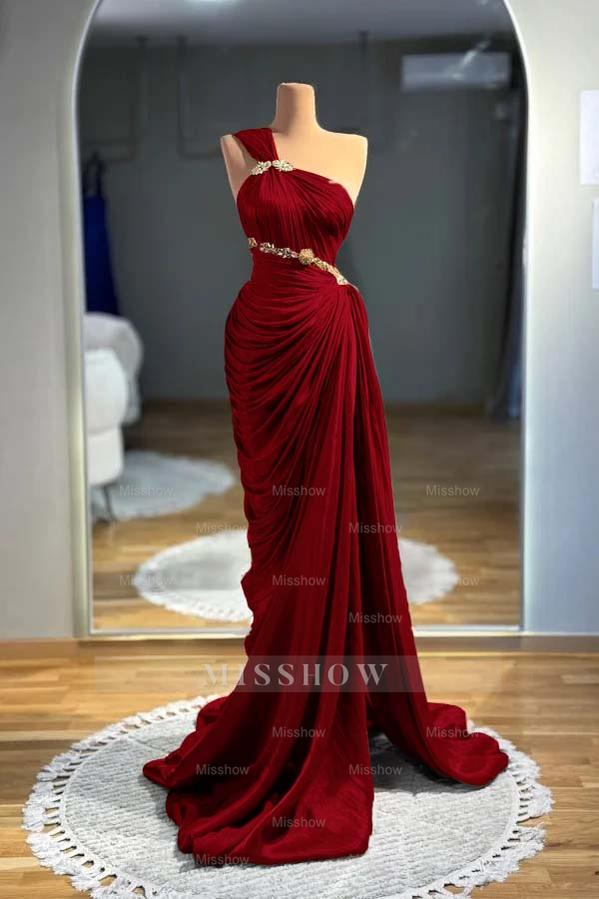 One Shoulder Sleeveless Long Mermaid Formal Dress With Pleated