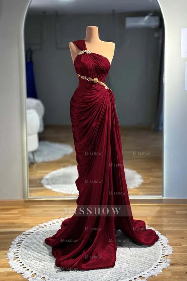 One Shoulder Sleeveless Long Mermaid Formal Dress With Pleated