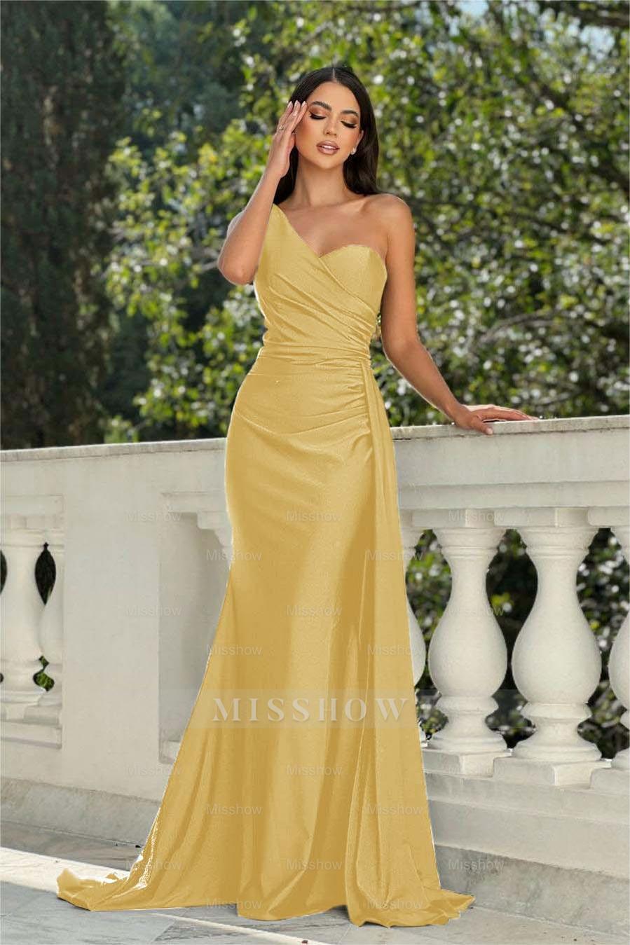 One Shoulder Sleeveless Long Mermaid Formal Dress With Pleated misshow.com One Shoulder Sleeveless Long Mermaid Formal Dress With Pleated misshow.com
