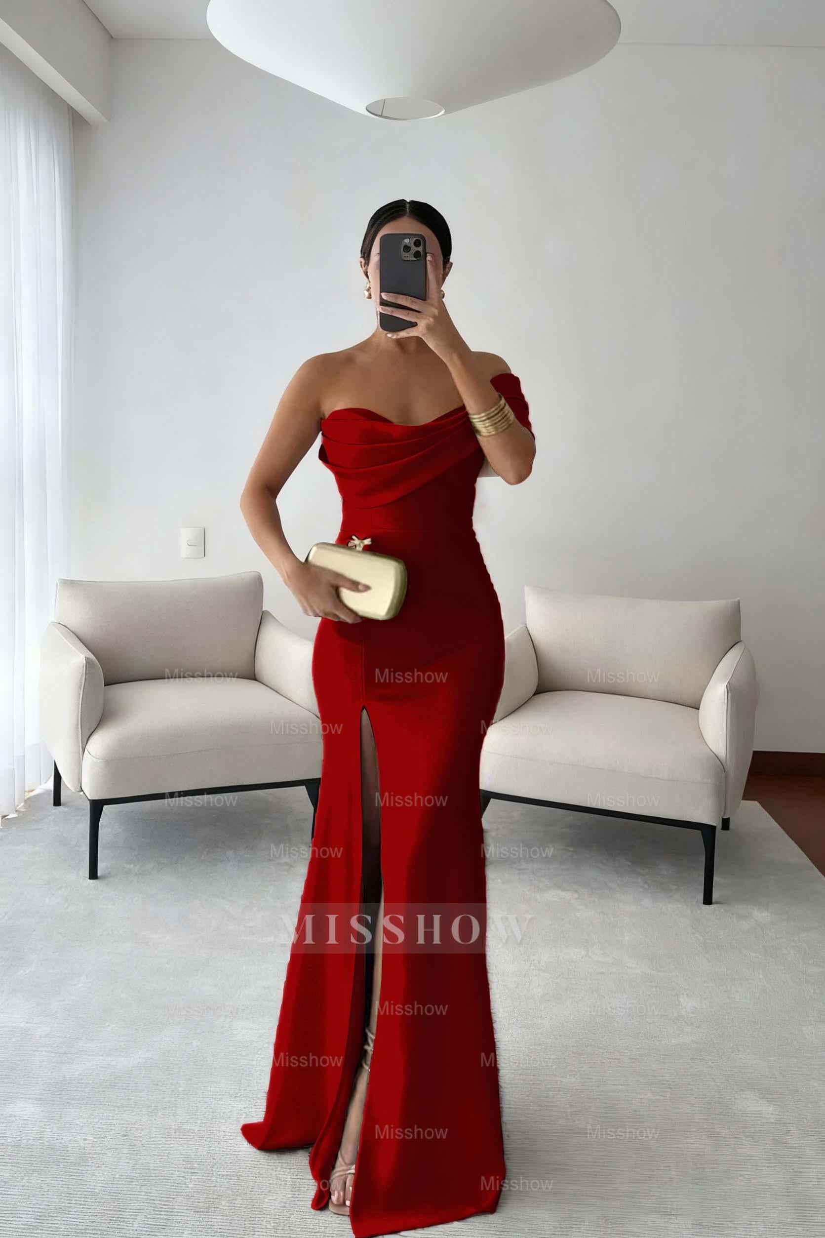 One Shoulder Sleeveless Long Mermaid Formal Dress With Split Pleated