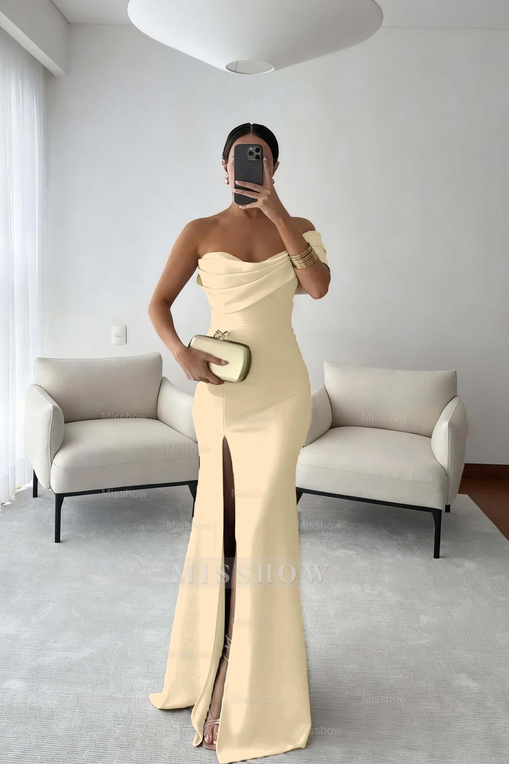 One Shoulder Sleeveless Long Mermaid Formal Dress With Split Pleated