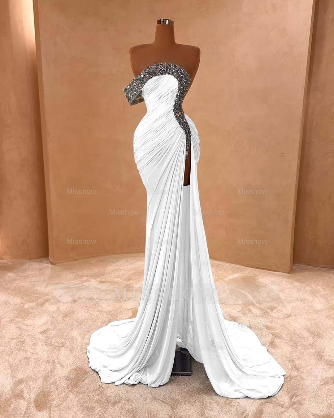 One Shoulder Sleeveless Long Split Formal Dress With Pleated Sequins