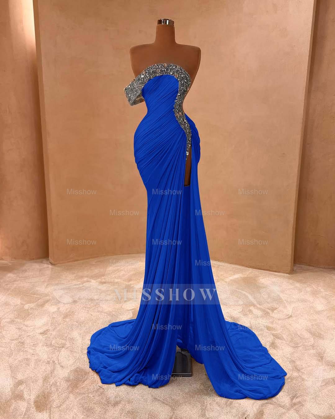 One Shoulder Sleeveless Long Split Formal Dress With Pleated Sequins