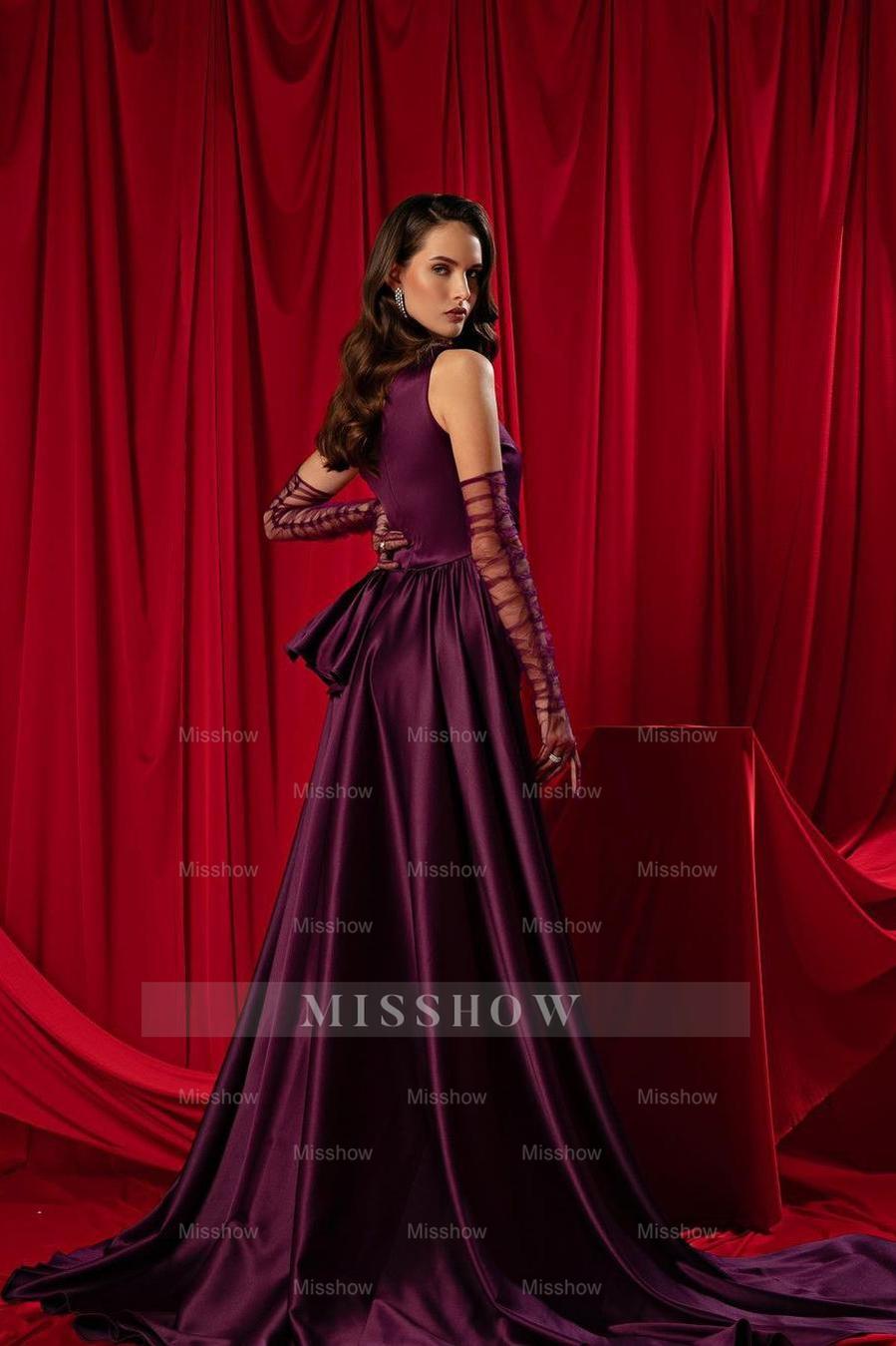 One Shoulder Sleeveless Pleated Long Formal Dress With Long Gloves