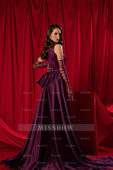 One Shoulder Sleeveless Pleated Long Formal Dress With Long Gloves
