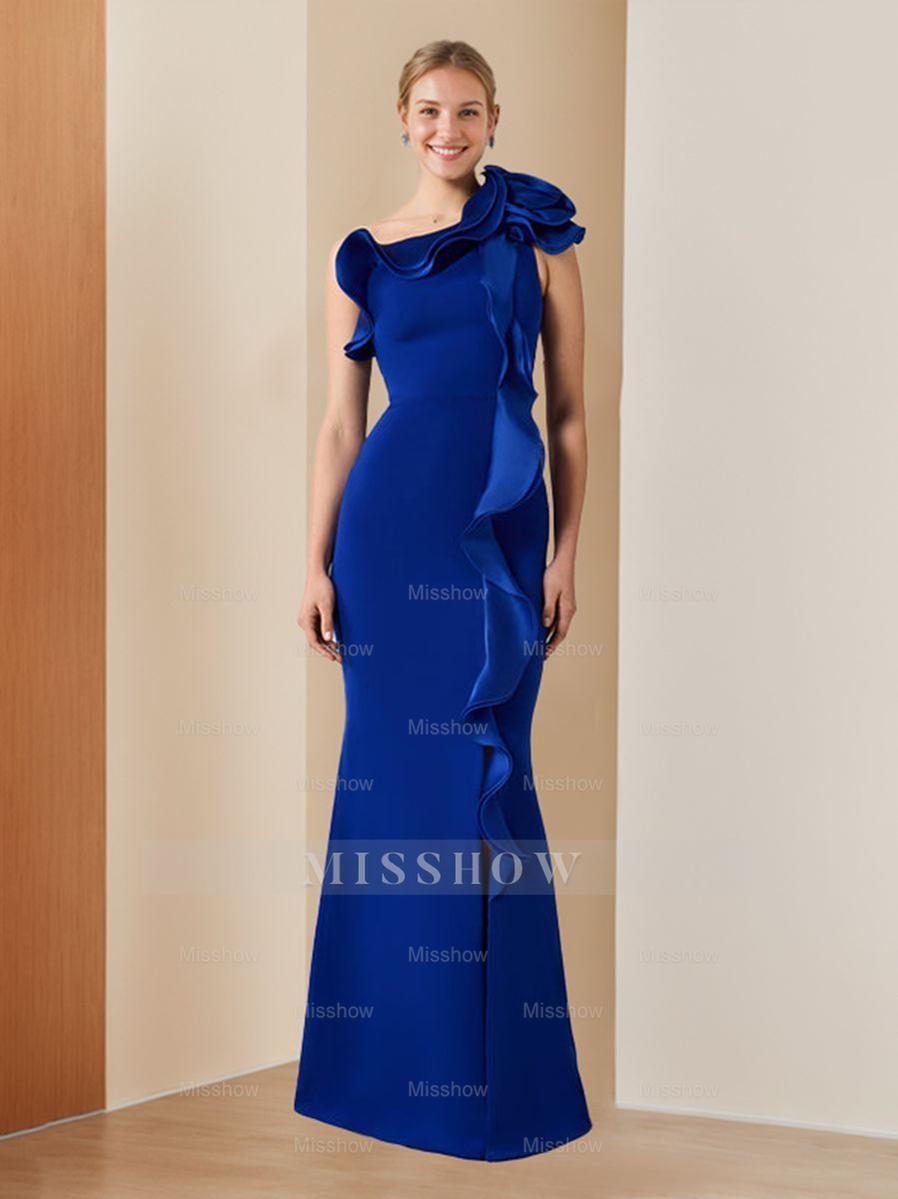 One-Shoulder Sleeveless Ruffled Evening Gown in Floor-Length Sheath/Column Style