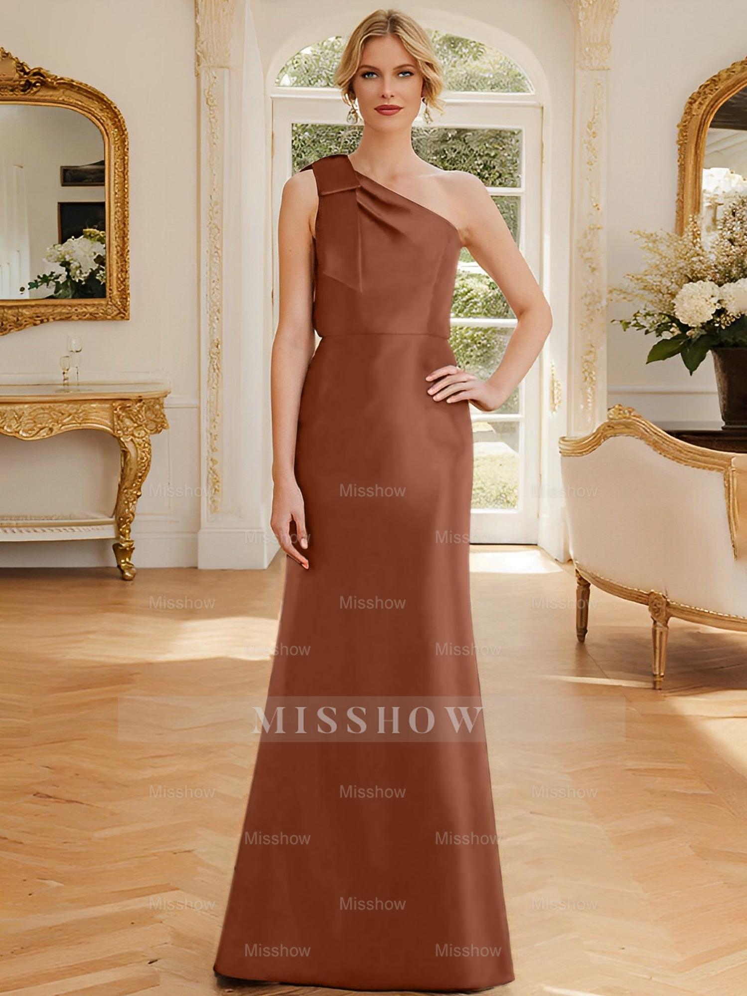 One-Shoulder Sleeveless Satin Mother of the Bride Dress with Bowknot Sheath/Column