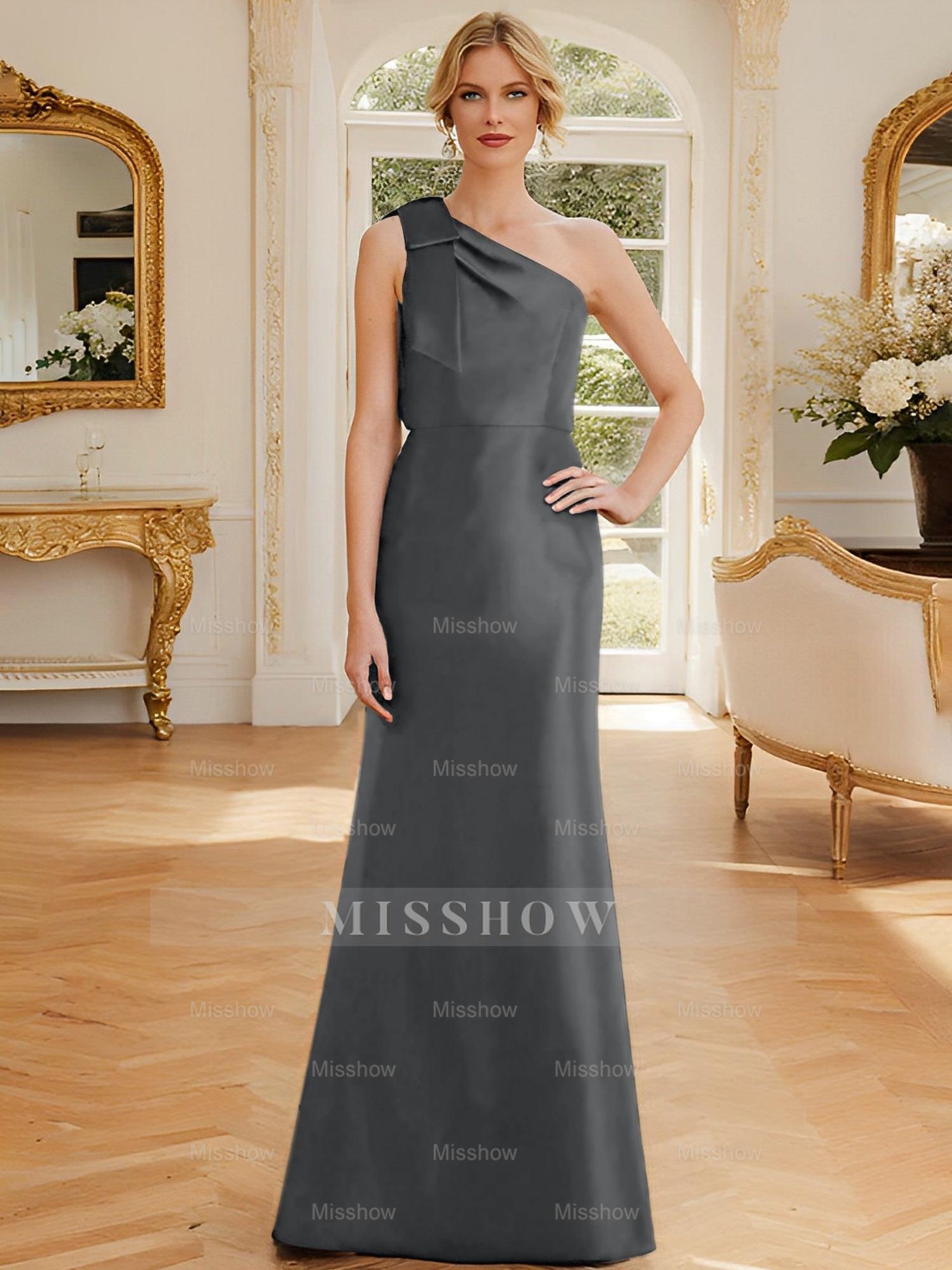 One-Shoulder Sleeveless Satin Mother of the Bride Dress with Bowknot Sheath/Column