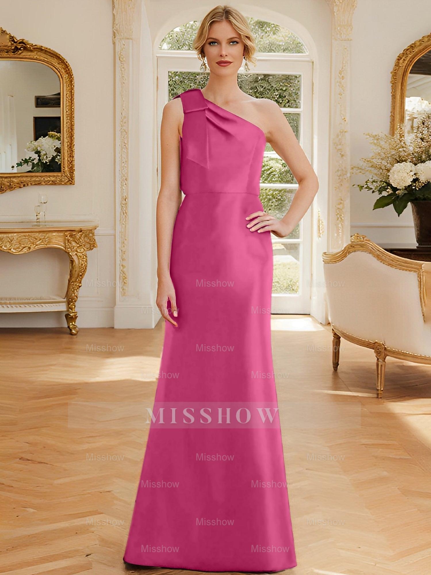One-Shoulder Sleeveless Satin Mother of the Bride Dress with Bowknot Sheath/Column