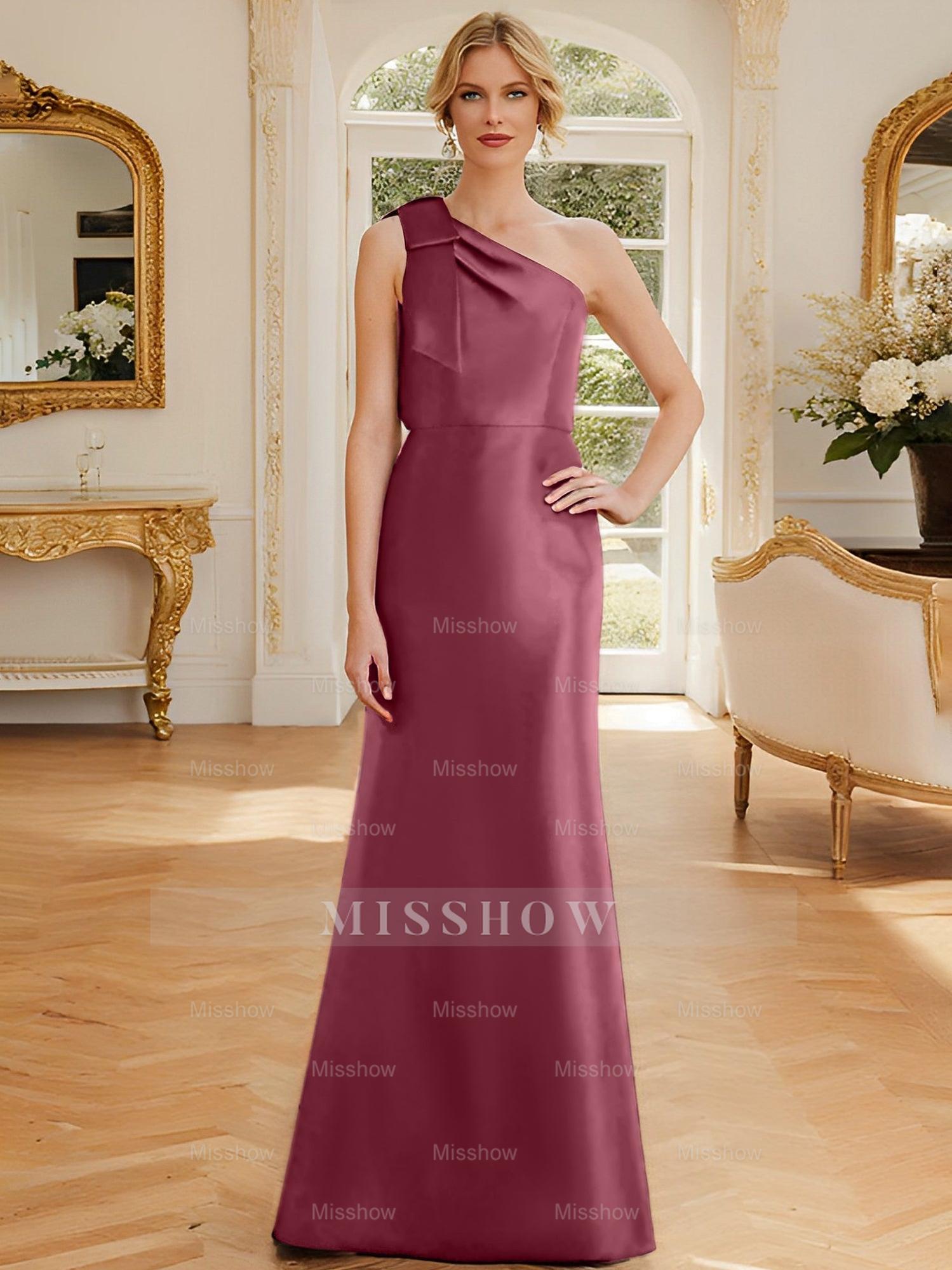 One-Shoulder Sleeveless Satin Mother of the Bride Dress with Bowknot Sheath/Column