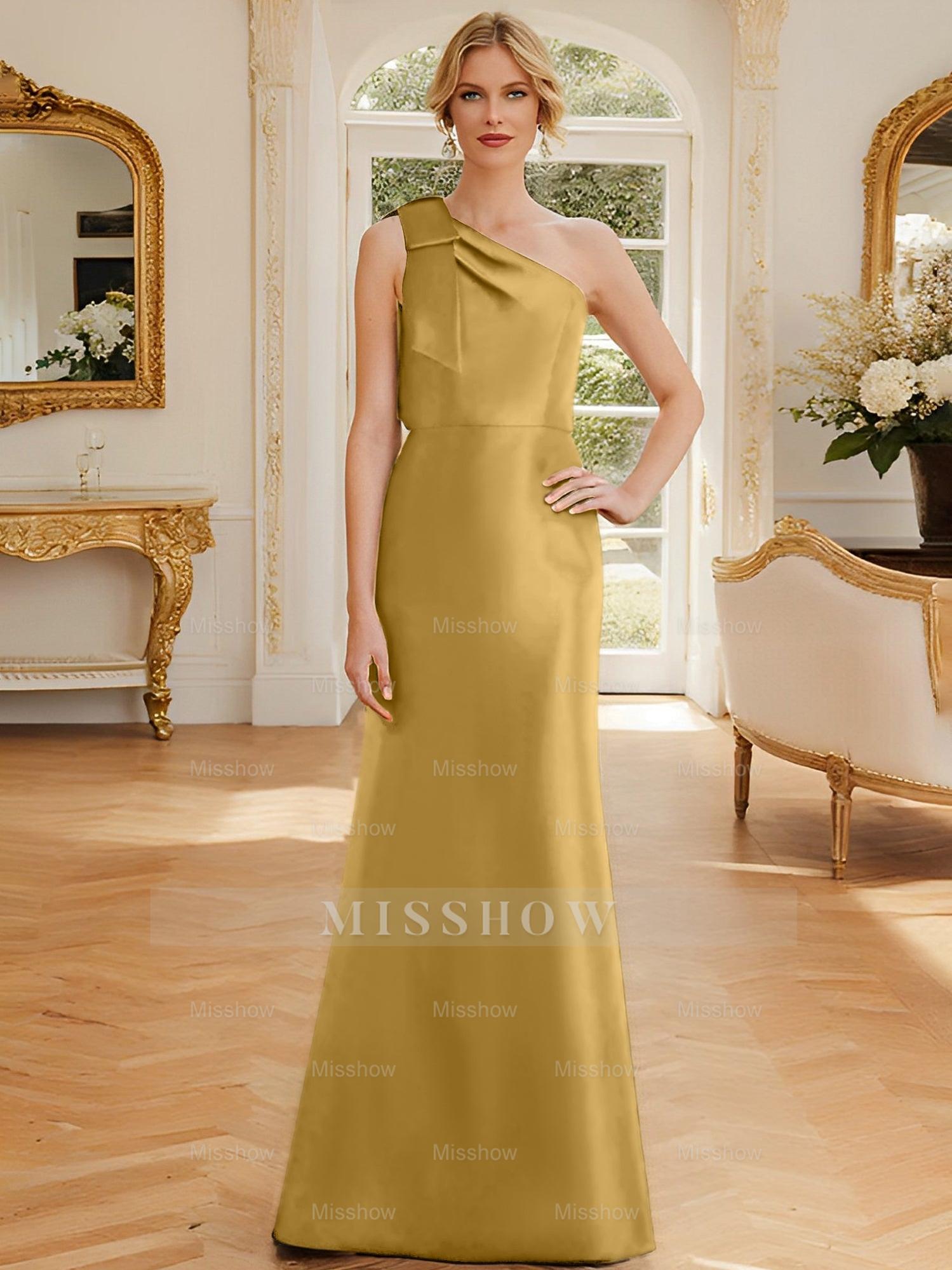 One-Shoulder Sleeveless Satin Mother of the Bride Dress with Bowknot Sheath/Column