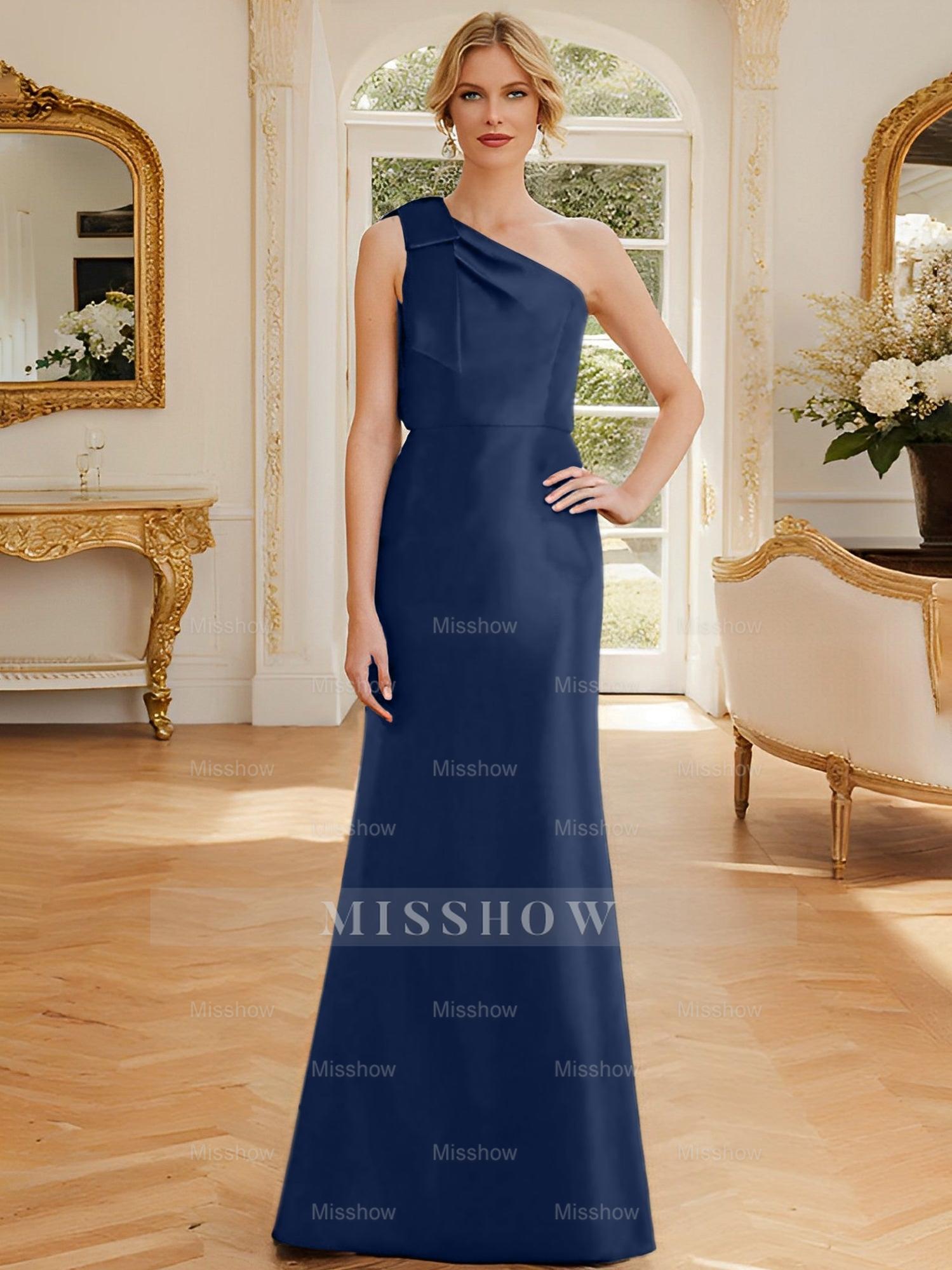 One-Shoulder Sleeveless Satin Mother of the Bride Dress with Bowknot Sheath/Column