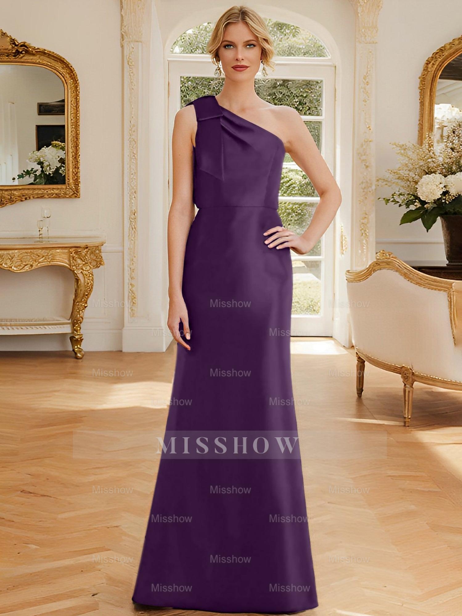One-Shoulder Sleeveless Satin Mother of the Bride Dress with Bowknot Sheath/Column