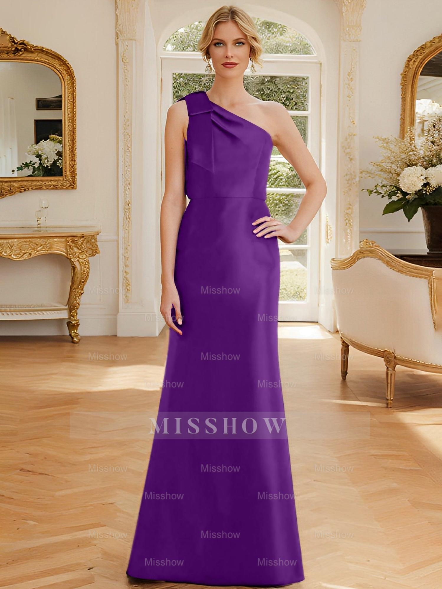 One-Shoulder Sleeveless Satin Mother of the Bride Dress with Bowknot Sheath/Column