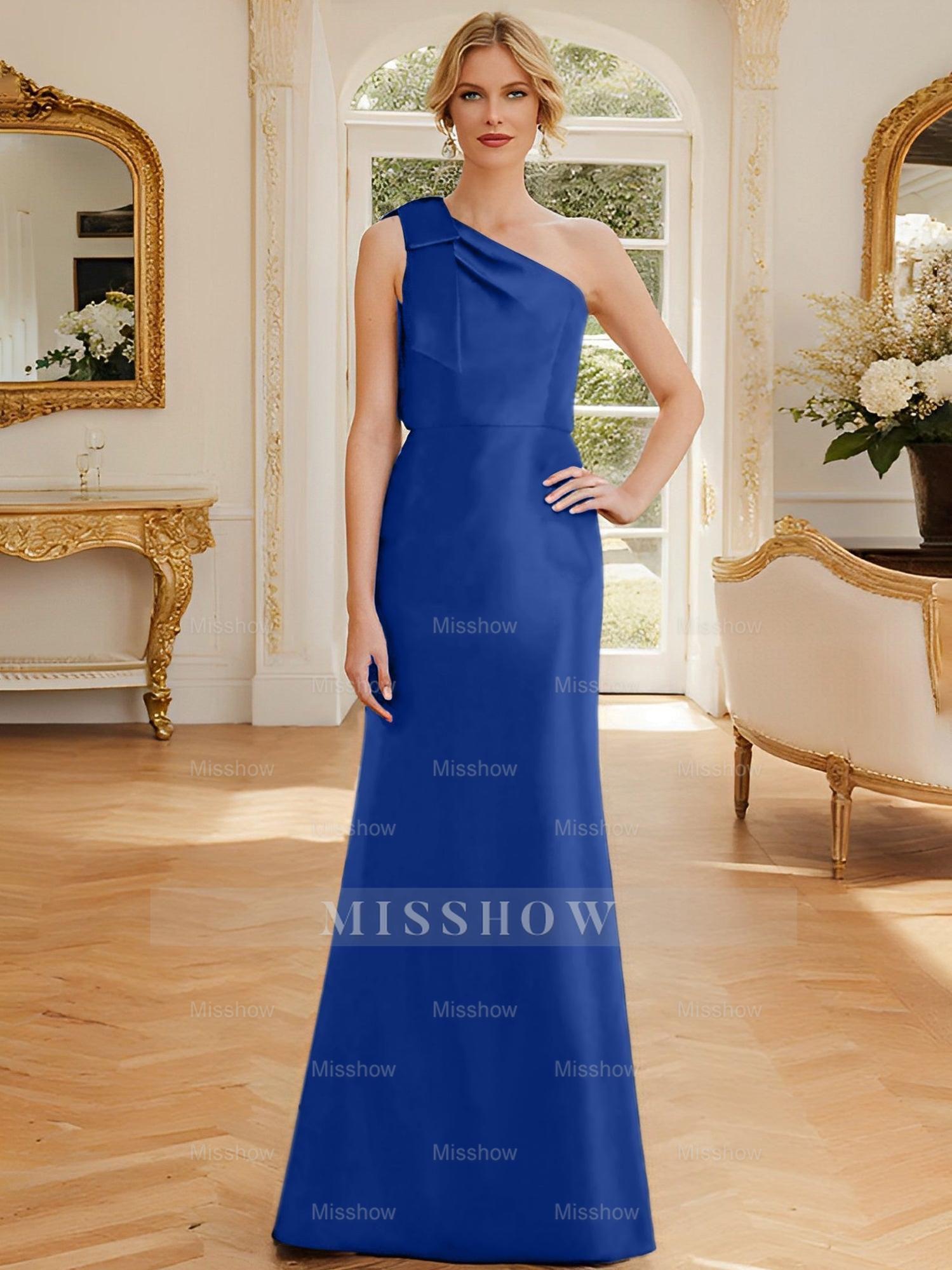 One-Shoulder Sleeveless Satin Mother of the Bride Dress with Bowknot Sheath/Column