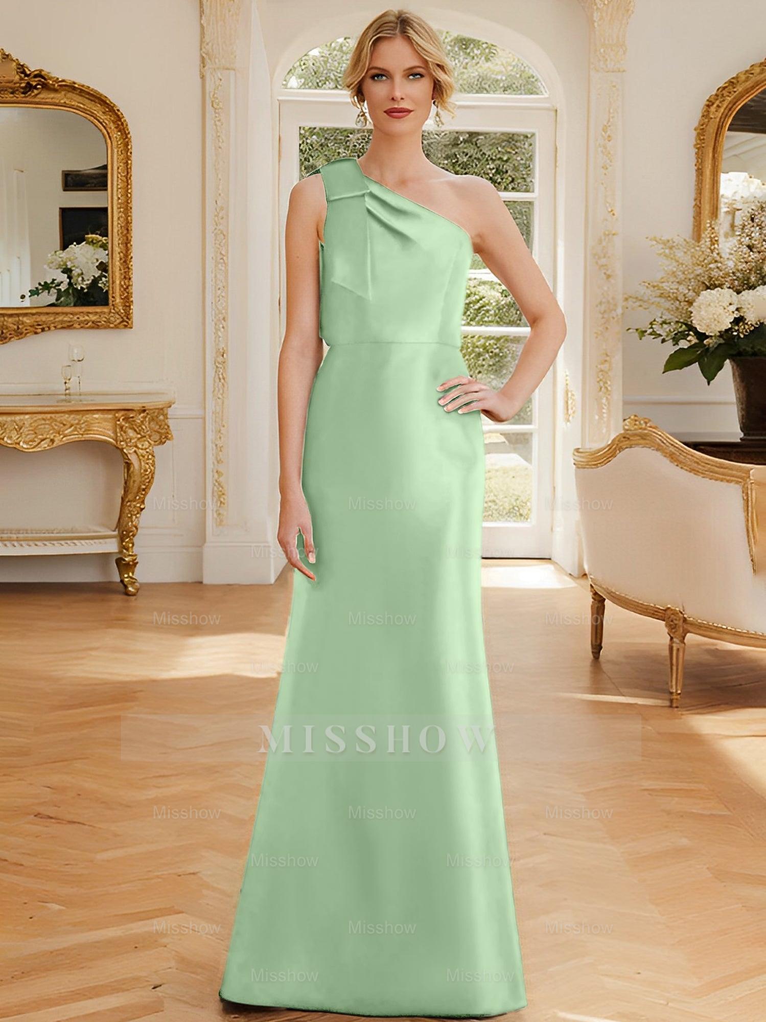 One-Shoulder Sleeveless Satin Mother of the Bride Dress with Bowknot Sheath/Column