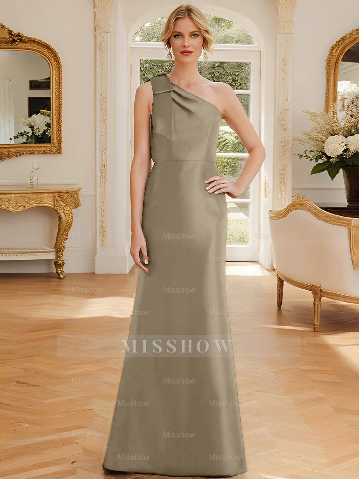 One-Shoulder Sleeveless Satin Mother of the Bride Dress with Bowknot Sheath/Column