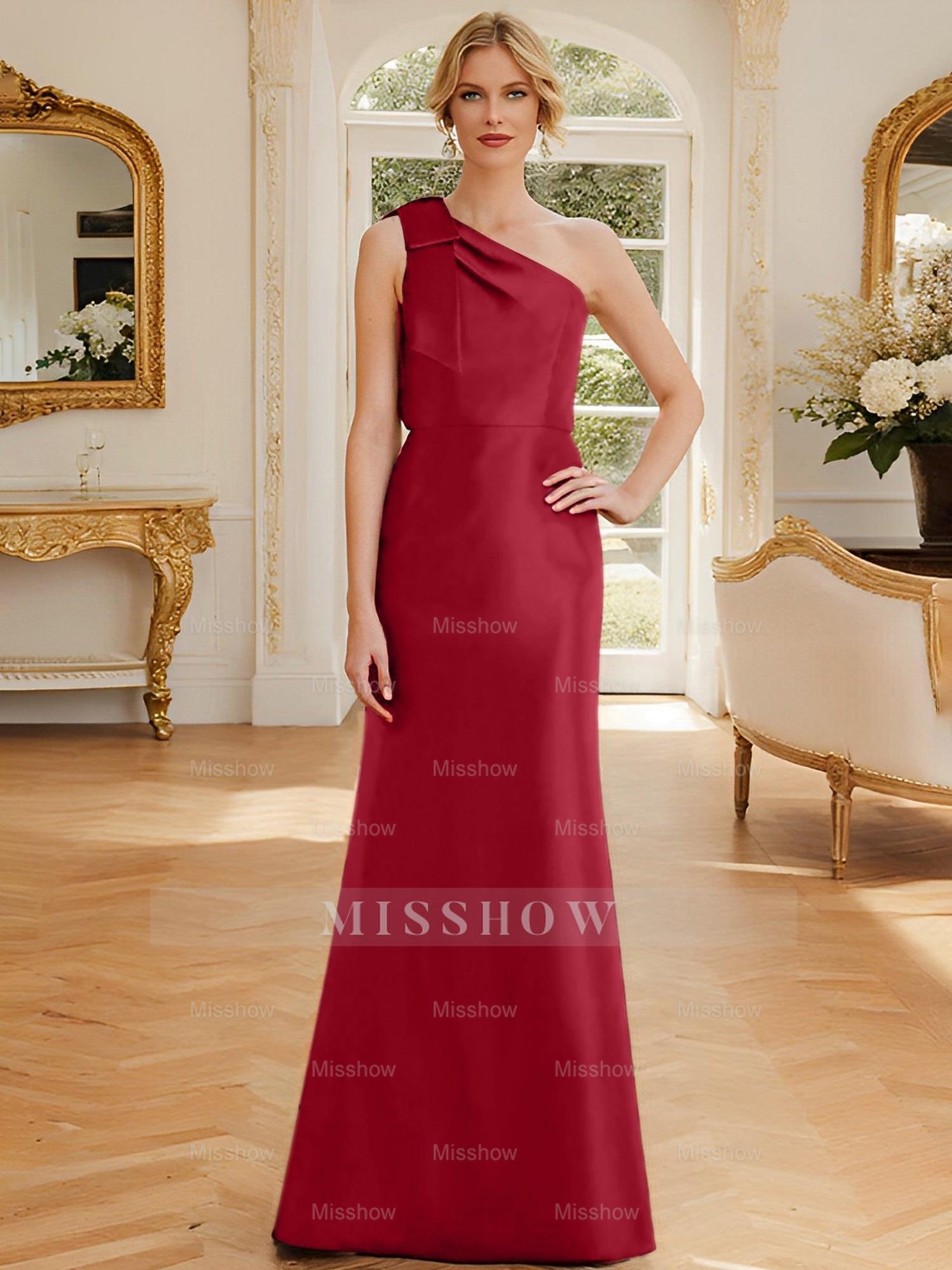 One-Shoulder Sleeveless Satin Mother of the Bride Dress with Bowknot Sheath/Column