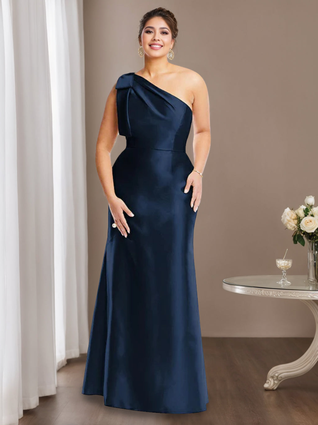 One-Shoulder Sleeveless Satin Plus Size Mother of the Bride Dress with Bowknot