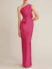One-Shoulder Sleeveless Satin Wedding Guest Dress with Bow(s) and Pocket