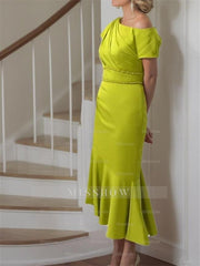 One-Shoulder Strappy Charmeuse Tea-Length Dress for the Mother of the Bride