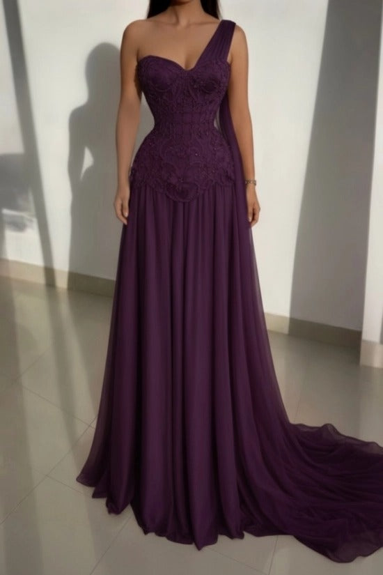 Pink One-Shoulder Sweetheart Beaded Lace Corset A-Line Chiffon Floor Length Evening Gown