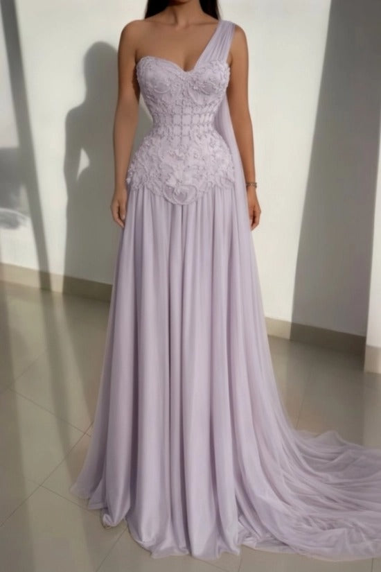 Pink One-Shoulder Sweetheart Beaded Lace Corset A-Line Chiffon Floor Length Evening Gown