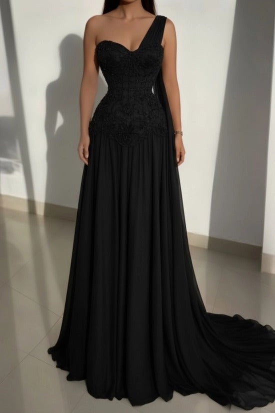 Pink One-Shoulder Sweetheart Beaded Lace Corset A-Line Chiffon Floor Length Evening Gown