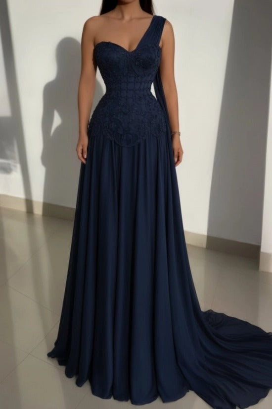 Pink One-Shoulder Sweetheart Beaded Lace Corset A-Line Chiffon Floor Length Evening Gown