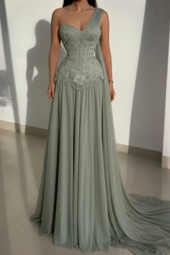 Pink One-Shoulder Sweetheart Beaded Lace Corset A-Line Chiffon Floor Length Evening Gown