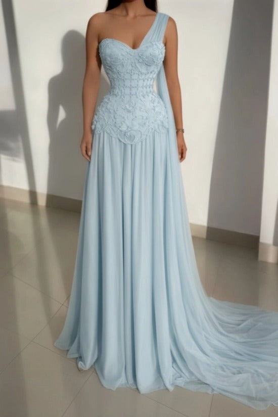 Pink One-Shoulder Sweetheart Beaded Lace Corset A-Line Chiffon Floor Length Evening Gown