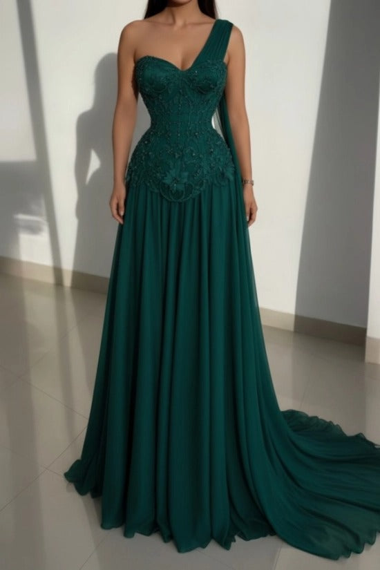 Pink One-Shoulder Sweetheart Beaded Lace Corset A-Line Chiffon Floor Length Evening Gown