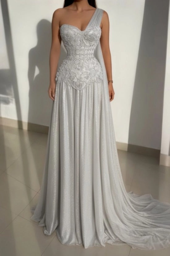Pink One-Shoulder Sweetheart Beaded Lace Corset A-Line Chiffon Floor Length Evening Gown