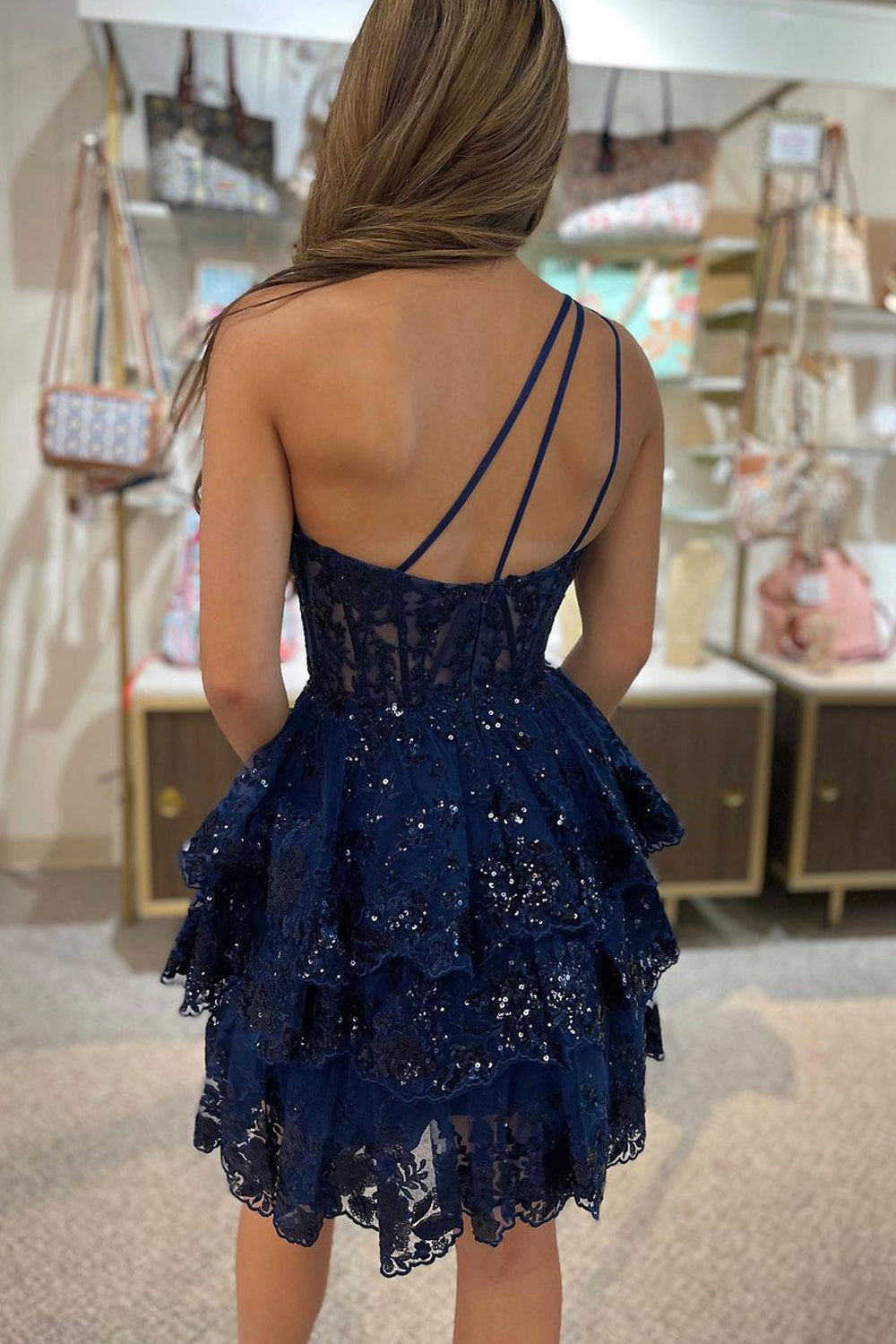One Shoulder Triple Strap Sequin Lace Illusion Corset Open Back Multi-Tier Eyelash Ruffle Flared A-Line Short Homecoming Dress