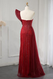 One Shoulder Wine Red High Split Evening Dress with Beadings