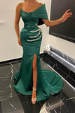 One shoulder Emerald green front split Prom Dress with beads