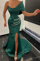 One shoulder Emerald green front split Prom Evening Dresses with beads