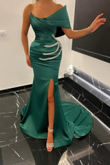 One shoulder Emerald green front split Prom Evening Dresses with beads