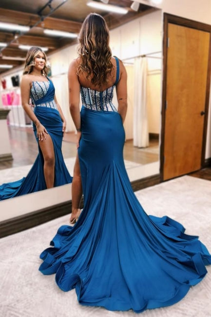 One shoulder Ocean blue Silver beaded Prom Evening Dresses