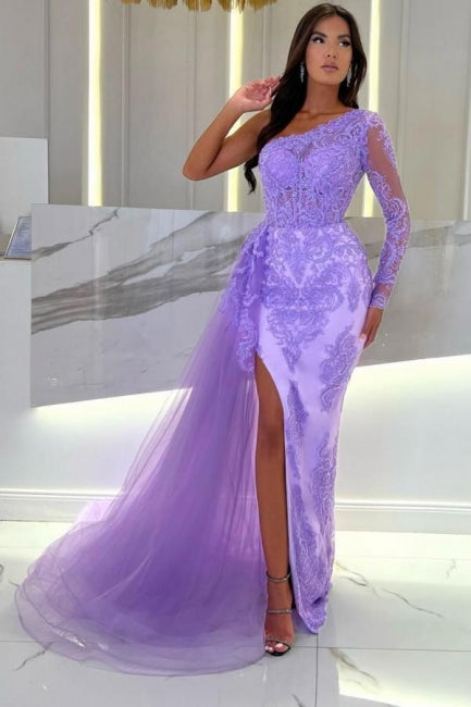 One Shoulder Column Long Sleeve Split Front Tulle Floor-Length Prom Dresses with Lace