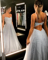 Open Back Spaghetti Strap Sequin Prom Evening Dresses Ice Blue Sexy Evening Gowns