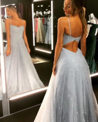 Open Back Spaghetti Strap Sequin Prom Evening Dresses Ice Blue Sexy Evening Gowns