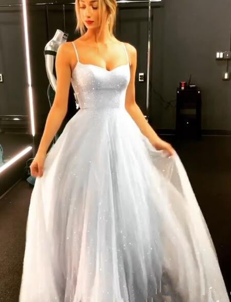Open Back Spaghetti Strap Sequin Prom Evening Dresses Ice Blue Sexy Evening Gowns