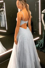 Open Back Spaghetti Strap Sequin Prom Evening Dresses Ice Blue Sexy Evening Gowns